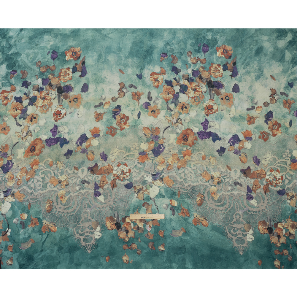 Silk Crepe de Chine Panel Made in Italy – Teal, Off White and Burnt Orange Impasto Flower Petals and Old Lace – Deadstock Silk Crepe de Chine Panel Made in Italy – Teal, Off White and Burnt Orange Impasto Flower Petals and Old Lace – Deadstock