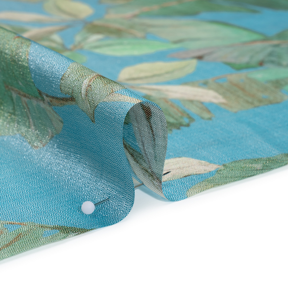 Textured Silk Woven Print Made in Italy - Sky Blue, Green and Beige Palm Leaves - Deadstock