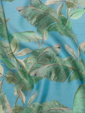 Textured Silk Woven Print Made in Italy – Sky Blue, Green and Beige Palm Leaves – Deadstock Textured Silk Woven Print Made in Italy – Sky Blue, Green and Beige Palm Leaves – Deadstock