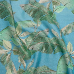 Textured Silk Woven Print Made in Italy – Sky Blue, Green and Beige Palm Leaves – Deadstock Textured Silk Woven Print Made in Italy – Sky Blue, Green and Beige Palm Leaves – Deadstock