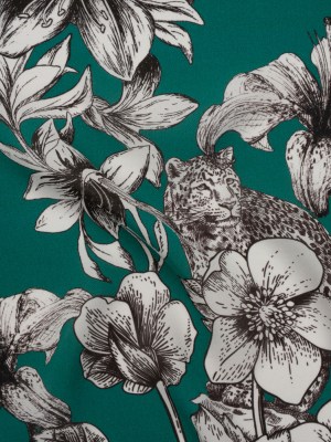 Silk Georgette Print Made in Italy – Teal, Black and White Leopards in the Lilies – Deadstock Silk Georgette Print Made in Italy – Teal, Black and White Leopards in the Lilies – Deadstock