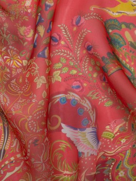 Silk Organza Print Made in Italy – Red, Green and Yellow Flowers and Crests – Deadstock Silk Organza Print Made in Italy – Red, Green and Yellow Flowers and Crests – Deadstock