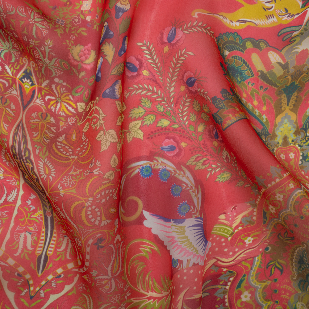 Silk Organza Print Made in Italy – Red, Green and Yellow Flowers and Crests – Deadstock Silk Organza Print Made in Italy – Red, Green and Yellow Flowers and Crests – Deadstock