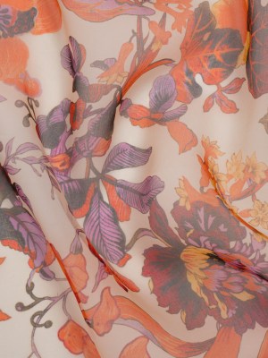 Lightweight Silk Organza Print Made in Italy – Orange, Purple and Burgundy Lilies and Flowers Lightweight Silk Organza Print Made in Italy – Orange, Purple and Burgundy Lilies and Flowers