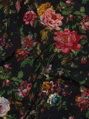 Silk Crepe de Chine Print Made in Italy – Black, Pink and Yellow Ochre Floral – Deadstock Silk Crepe de Chine Print Made in Italy – Black, Pink and Yellow Ochre Floral – Deadstock