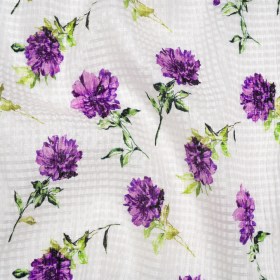 Ruched Silk Blend Striped Dobby Made in Italy – Purple, Green and White Scattered Carnations – Deadstock Ruched Silk Blend Striped Dobby Made in Italy – Purple, Green and White Scattered Carnations – Deadstock