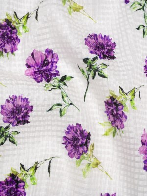 Ruched Silk Blend Striped Dobby Made in Italy – Purple, Green and White Scattered Carnations – Deadstock Ruched Silk Blend Striped Dobby Made in Italy – Purple, Green and White Scattered Carnations – Deadstock