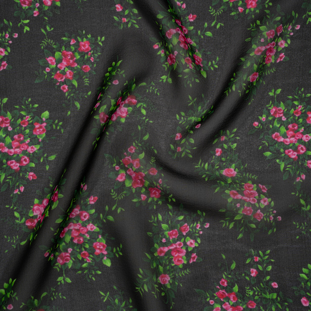 Silk Voile Print Made in Italy – Black, Green and Pink Flower Bunches – Deadstock Silk Voile Print Made in Italy – Black, Green and Pink Flower Bunches – Deadstock