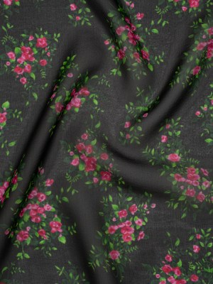 Silk Voile Print Made in Italy – Black, Green and Pink Flower Bunches – Deadstock Silk Voile Print Made in Italy – Black, Green and Pink Flower Bunches – Deadstock