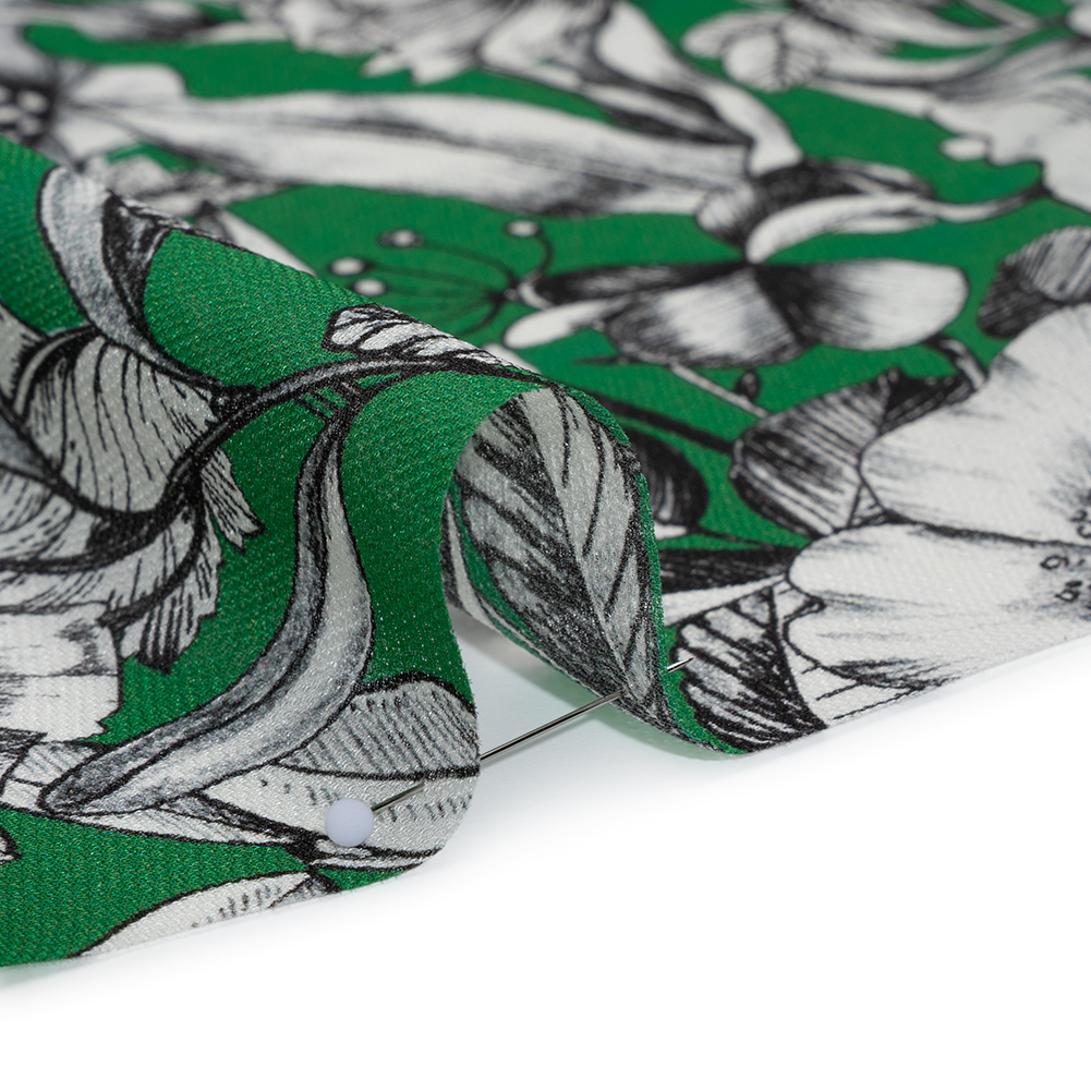 Lightweight Silk Pique Print Made in Italy - Kelly Green, Black and White Flowers - Deadstock