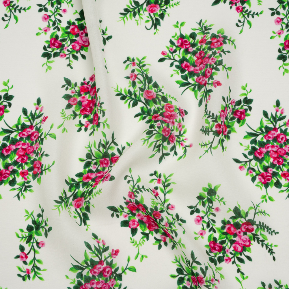 Silk Georgette Print – Pink, Green and Ivory Flower Bunches – Deadstock Silk Georgette Print – Pink, Green and Ivory Flower Bunches – Deadstock