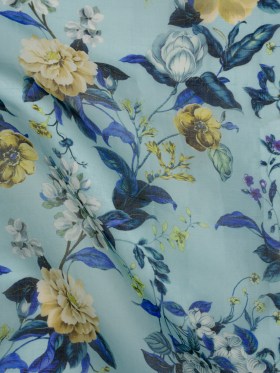 Slubbed Raw Silk Organza Print Made in Italy – Sky Blue, Ultramarine and Yellow Floral – Deadstock Slubbed Raw Silk Organza Print Made in Italy – Sky Blue, Ultramarine and Yellow Floral – Deadstock