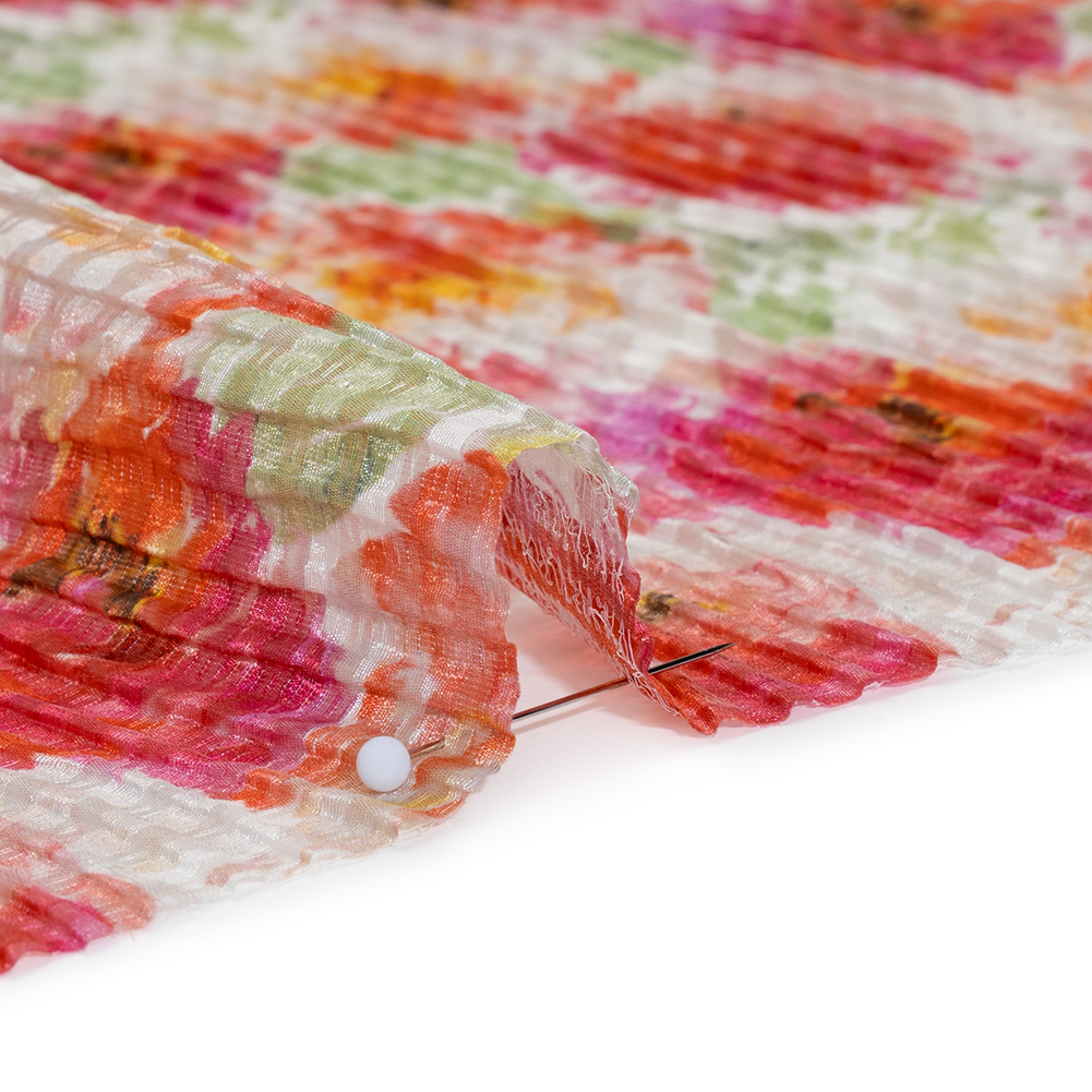 Ruched Silk Blend Striped Dobby Made in Italy - Magenta, Orange and Light Green Floral - Deadstock