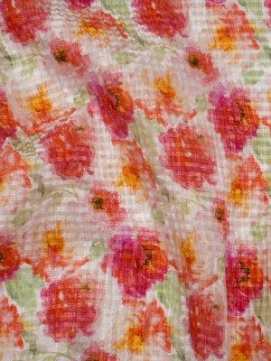 Ruched Silk Blend Striped Dobby Made in Italy – Magenta, Orange and Light Green Floral – Deadstock Ruched Silk Blend Striped Dobby Made in Italy – Magenta, Orange and Light Green Floral – Deadstock