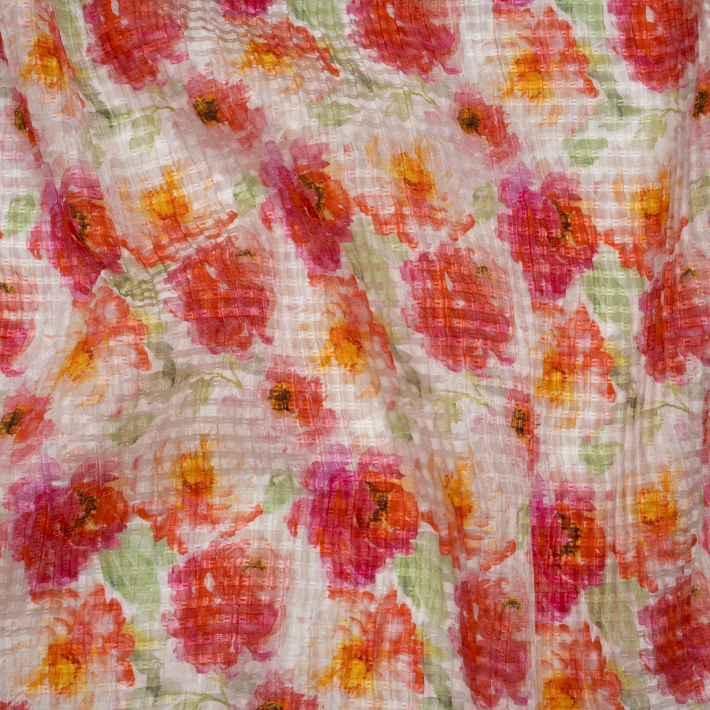 Ruched Silk Blend Striped Dobby Made in Italy – Magenta, Orange and Light Green Floral – Deadstock Ruched Silk Blend Striped Dobby Made in Italy – Magenta, Orange and Light Green Floral – Deadstock