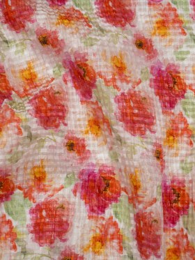 Ruched Silk Blend Striped Dobby Made in Italy – Magenta, Orange and Light Green Floral – Deadstock Ruched Silk Blend Striped Dobby Made in Italy – Magenta, Orange and Light Green Floral – Deadstock