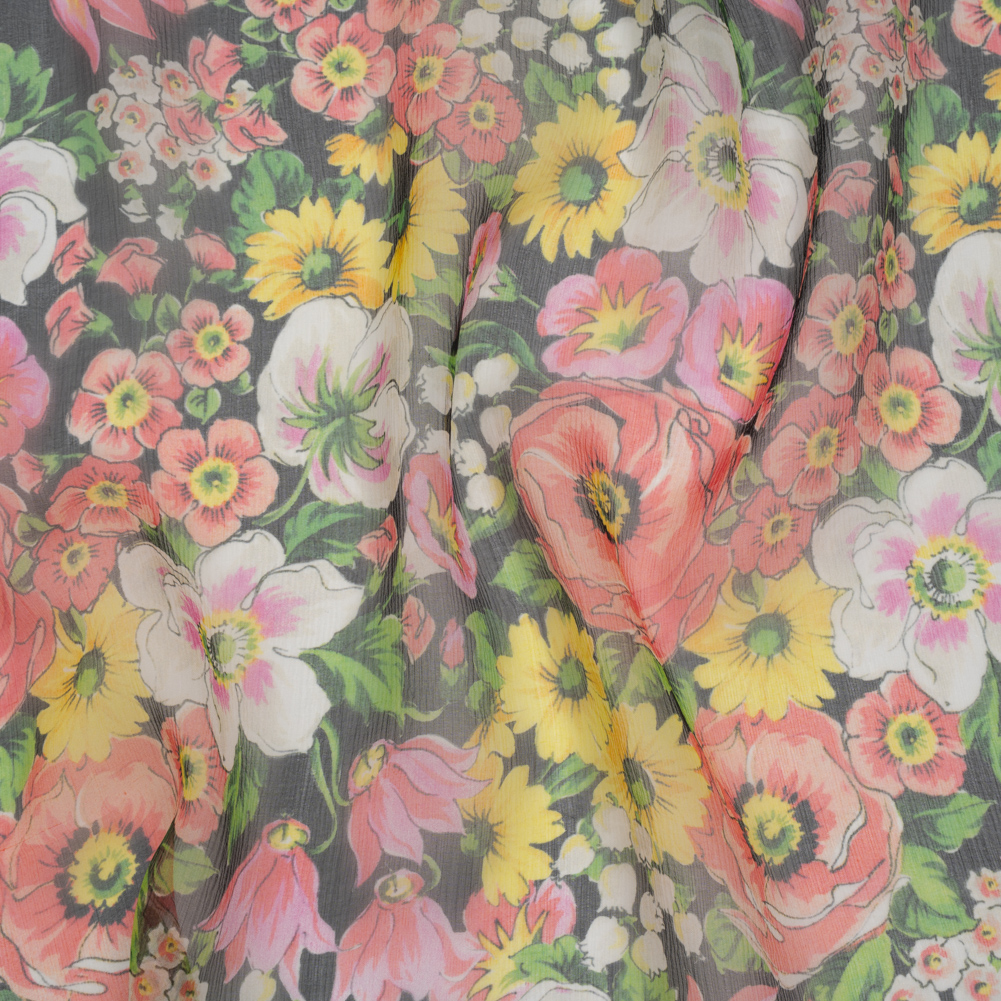 Silk Voile Print Made in Italy – Pink, Yellow and Green Flower Garden – Deadstock Silk Voile Print Made in Italy – Pink, Yellow and Green Flower Garden – Deadstock