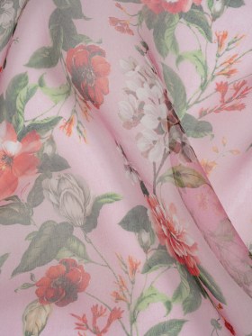 Silk Organza Print Made in Italy – Bubblegum Pink, Rose and Green Floral – Deadstock Silk Organza Print Made in Italy – Bubblegum Pink, Rose and Green Floral – Deadstock
