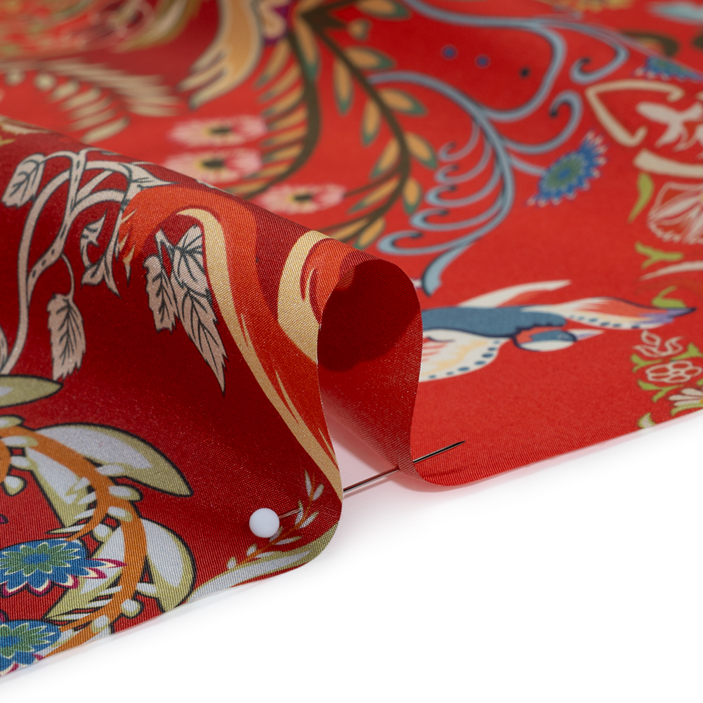 China Silk/Silk Habotai Print Made in Italy - Red, Green and Golden Yellow Flowers and Crests - Deadstock