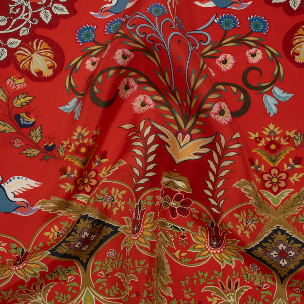 China Silk/Silk Habotai Print Made in Italy – Red, Green and Golden Yellow Flowers and Crests – Deadstock China Silk/Silk Habotai Print Made in Italy – Red, Green and Golden Yellow Flowers and Crests – Deadstock