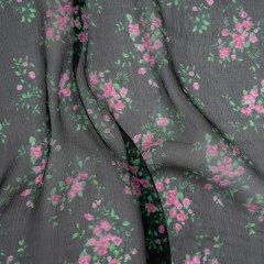 Crinkled Silk Chiffon Print Made in Italy – Black, Green and Pink Flower Bunches – Deadstock Crinkled Silk Chiffon Print Made in Italy – Black, Green and Pink Flower Bunches – Deadstock