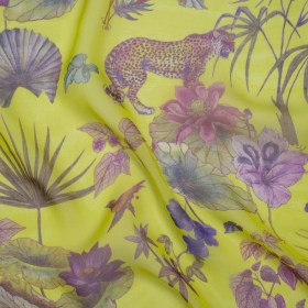 Silk Voile Print Made in Italy – Chartreuse Green, Purple and Blue Tropical Flora and Fauna – Deadstock Silk Voile Print Made in Italy – Chartreuse Green, Purple and Blue Tropical Flora and Fauna – Deadstock