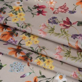 China Silk/Silk Habotai Print Made in Italy – Greige, Red and Purple Fancy Flowers – Deadstock China Silk/Silk Habotai Print Made in Italy – Greige, Red and Purple Fancy Flowers – Deadstock