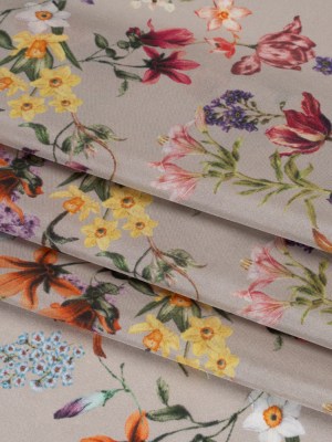 China Silk/Silk Habotai Print Made in Italy – Greige, Red and Purple Fancy Flowers – Deadstock China Silk/Silk Habotai Print Made in Italy – Greige, Red and Purple Fancy Flowers – Deadstock