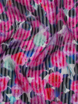Satin Stripe Silk Dobby Print Made in Italy – Fuchsia, Blue and Dark Teal Painterly Flower Field – Deadstock Satin Stripe Silk Dobby Print Made in Italy – Fuchsia, Blue and Dark Teal Painterly Flower Field – Deadstock