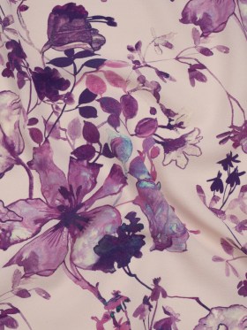 Lightweight Silk Crepe Made in Italy – Pale Purple, Lavender and Plum Painted Flowers – Deadstock Lightweight Silk Crepe Made in Italy – Pale Purple, Lavender and Plum Painted Flowers – Deadstock