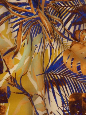 Satin Faced Silk Chiffon Print Made in Italy – Gold, Brown and Ultramarine Blue Palms and Tropical Leaves – Deadstock Satin Faced Silk Chiffon Print Made in Italy – Gold, Brown and Ultramarine Blue Palms and Tropical Leaves – Deadstock