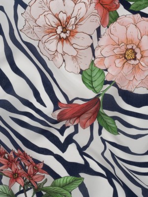 Silk Crepe de Chine Print Made in Italy – Navy, Pink and Green Zebra Stripes, Flowers and Chain Borders – Deadstock Silk Crepe de Chine Print Made in Italy – Navy, Pink and Green Zebra Stripes, Flowers and Chain Borders – Deadstock