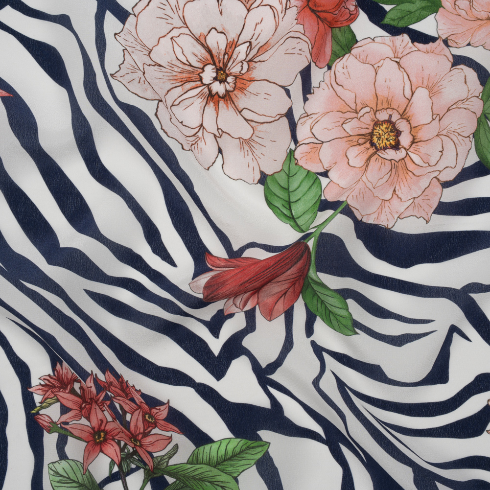 Silk Crepe de Chine Print Made in Italy – Navy, Pink and Green Zebra Stripes, Flowers and Chain Borders – Deadstock Silk Crepe de Chine Print Made in Italy – Navy, Pink and Green Zebra Stripes, Flowers and Chain Borders – Deadstock