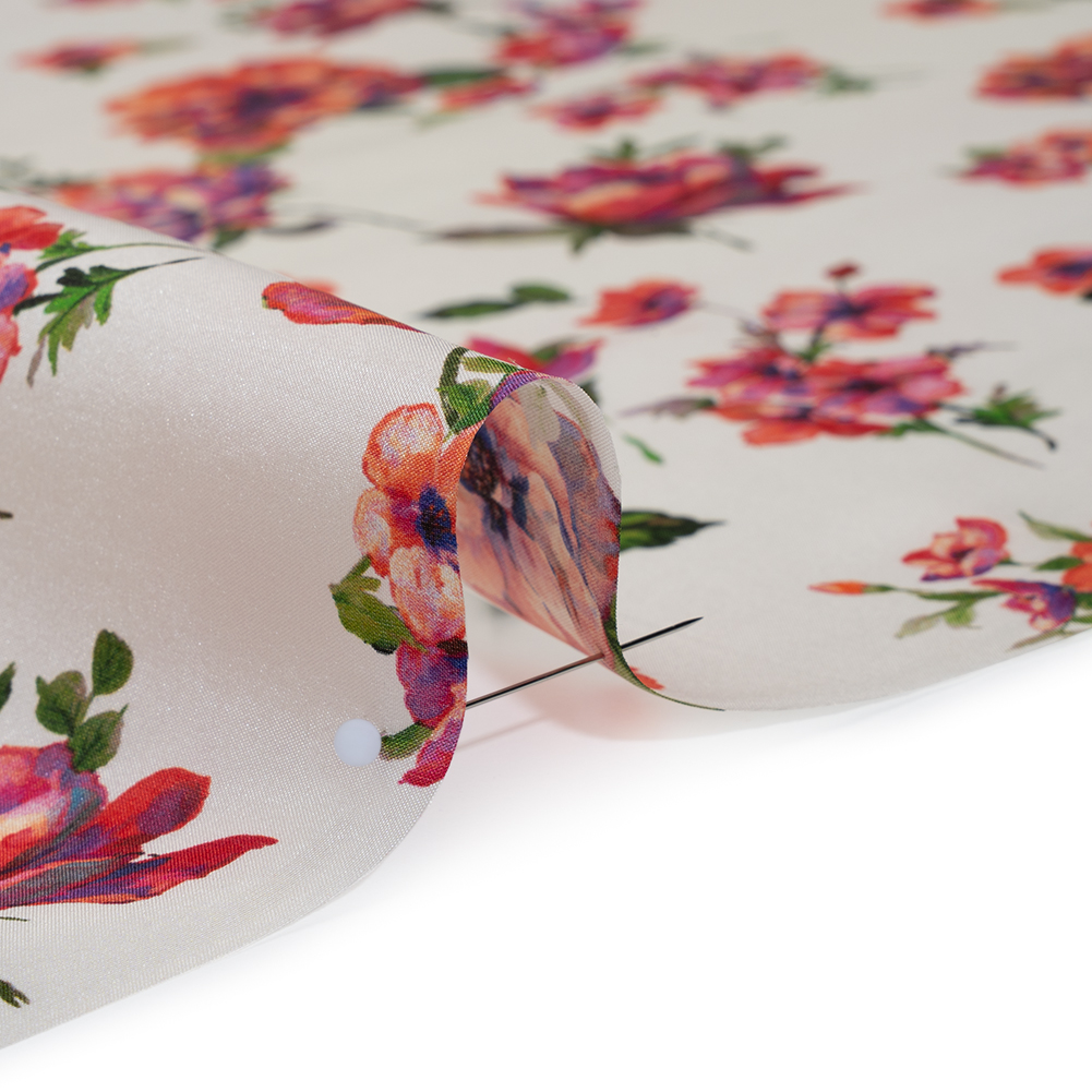 China Silk/Silk Habotai Print Made in Italy - Pink, Ultramarine and Ivory Scattered Flowers - Deadstock