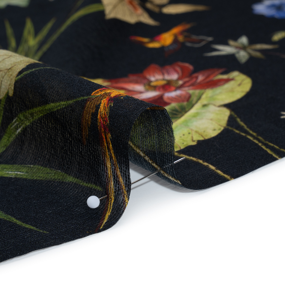 Slubbed Sheer Silk Woven Print Made in Italy - Black, Green and Orange Tropical Flora and Fauna - Deadstock