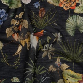 Slubbed Sheer Silk Woven Print Made in Italy – Black, Green and Orange Tropical Flora and Fauna – Deadstock Slubbed Sheer Silk Woven Print Made in Italy – Black, Green and Orange Tropical Flora and Fauna – Deadstock