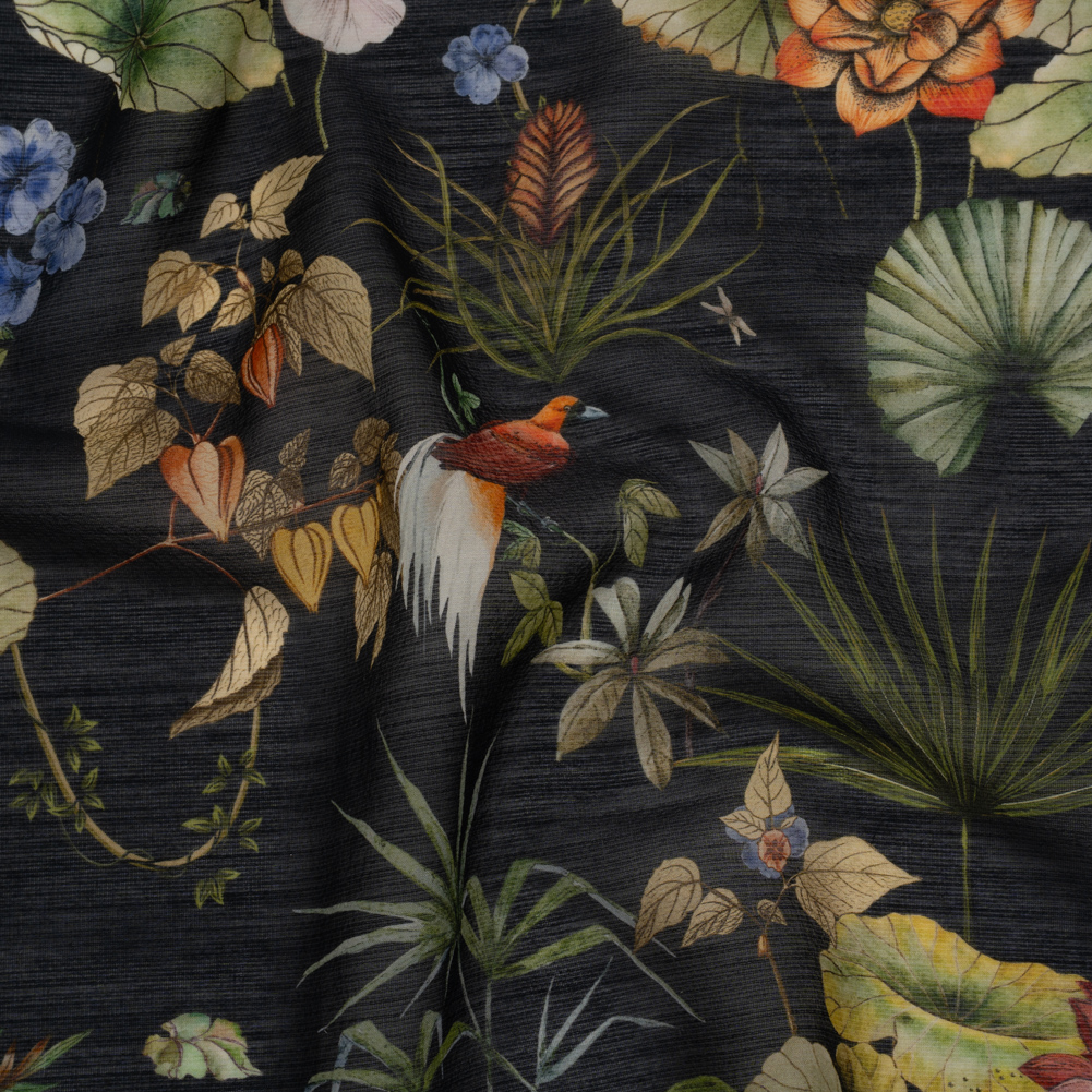 Slubbed Sheer Silk Woven Print Made in Italy – Black, Green and Orange Tropical Flora and Fauna – Deadstock Slubbed Sheer Silk Woven Print Made in Italy – Black, Green and Orange Tropical Flora and Fauna – Deadstock