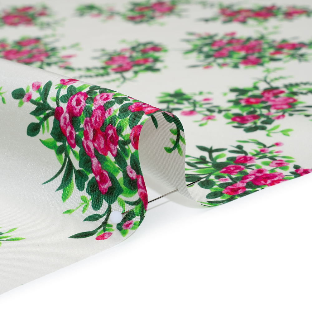 China Silk/Silk Habotai Print Made in Italy - Pink, Green and Ivory Flower Bunches - Deadstock