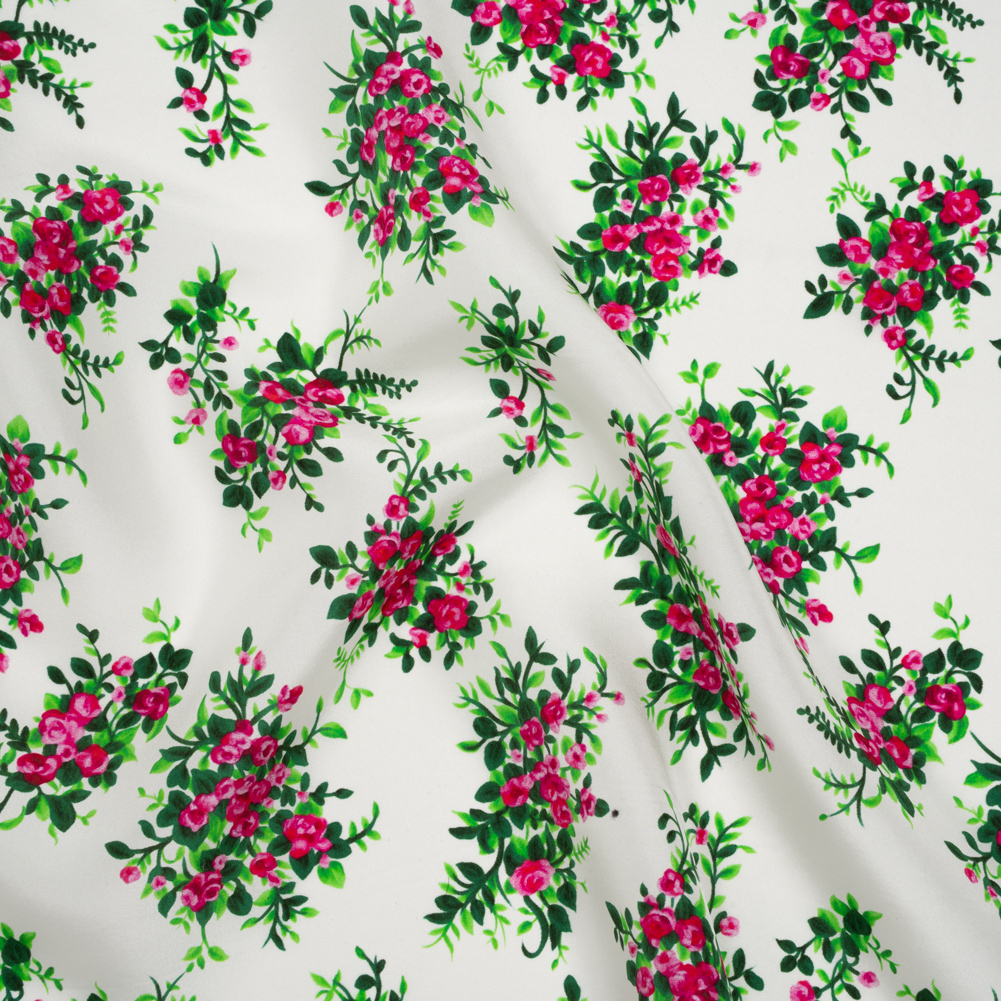 China Silk/Silk Habotai Print Made in Italy – Pink, Green and Ivory Flower Bunches – Deadstock China Silk/Silk Habotai Print Made in Italy – Pink, Green and Ivory Flower Bunches – Deadstock