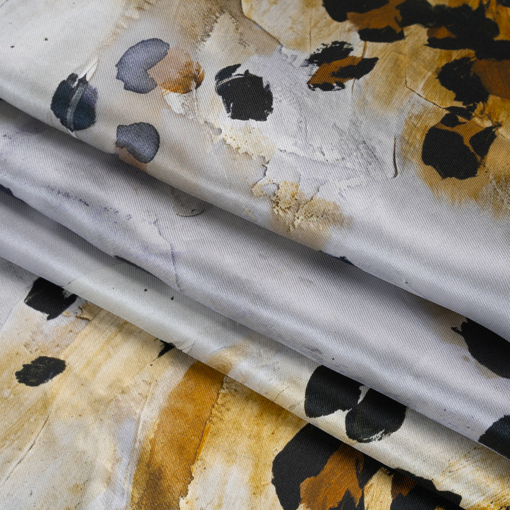 Silk Twill Print Made in Italy – Yellow Ochre, Brown and Black Painted Animal Spots – Deadstock Silk Twill Print Made in Italy – Yellow Ochre, Brown and Black Painted Animal Spots – Deadstock