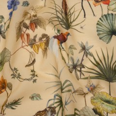 Slubbed Sheer Silk Woven Print Made in Italy – Beige, Green and Orange Tropical Flora and Fauna – Deadstock Slubbed Sheer Silk Woven Print Made in Italy – Beige, Green and Orange Tropical Flora and Fauna – Deadstock