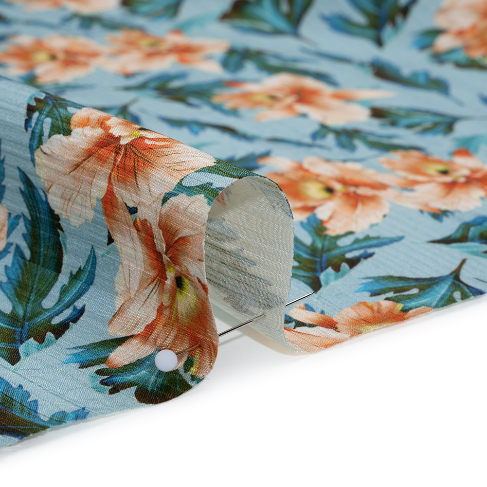 Texture Stripe Silk Dobby Made in Italy - Sky Blue, Peach and Teal Flowers and Leaves - Deadstock