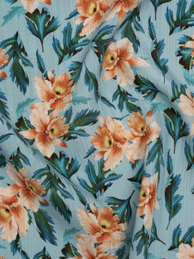 Texture Stripe Silk Dobby Made in Italy – Sky Blue, Peach and Teal Flowers and Leaves – Deadstock Texture Stripe Silk Dobby Made in Italy – Sky Blue, Peach and Teal Flowers and Leaves – Deadstock