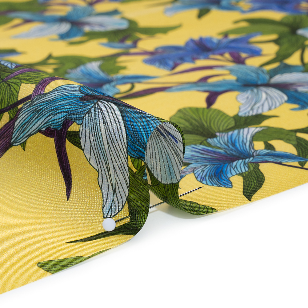 Silk Crepe de Chine Print Made in Italy – Lemon Yellow, Blue and Green Lilies – Deadstock Silk Crepe de Chine Print Made in Italy – Lemon Yellow, Blue and Green Lilies – Deadstock