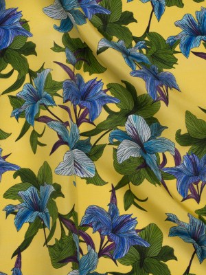 Silk Crepe de Chine Print Made in Italy – Lemon Yellow, Blue and Green Lilies – Deadstock Silk Crepe de Chine Print Made in Italy – Lemon Yellow, Blue and Green Lilies – Deadstock