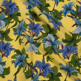 Silk Crepe de Chine Print Made in Italy – Lemon Yellow, Blue and Green Lilies – Deadstock Silk Crepe de Chine Print Made in Italy – Lemon Yellow, Blue and Green Lilies – Deadstock