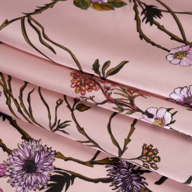Silk Satin Print Made in Italy – Baby Pink, Purple and Brown Flowering Branches – Deadstock Silk Satin Print Made in Italy – Baby Pink, Purple and Brown Flowering Branches – Deadstock