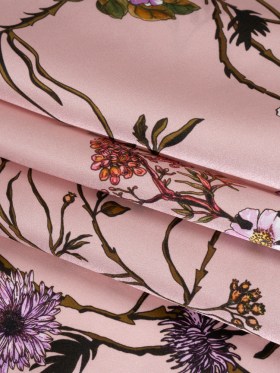 Silk Satin Print Made in Italy – Baby Pink, Purple and Brown Flowering Branches – Deadstock Silk Satin Print Made in Italy – Baby Pink, Purple and Brown Flowering Branches – Deadstock