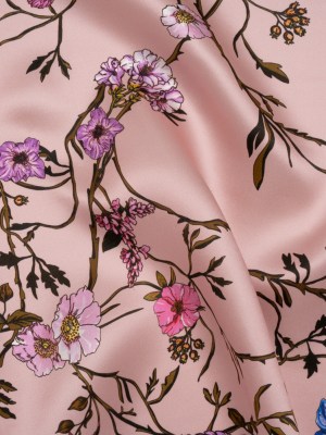 Silk Satin Print Made in Italy – Baby Pink, Purple and Brown Flowering Branches – Deadstock Silk Satin Print Made in Italy – Baby Pink, Purple and Brown Flowering Branches – Deadstock