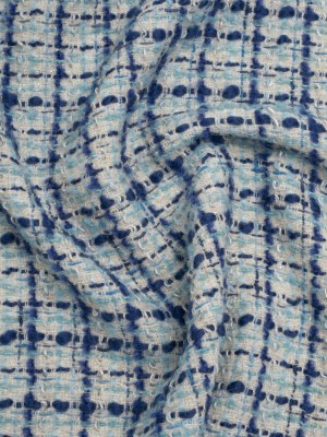 Metallic Wool Blend Boucle Tweed Made in Italy – White, Sky Blue and Cobalt Checks Metallic Wool Blend Boucle Tweed Made in Italy – White, Sky Blue and Cobalt Checks